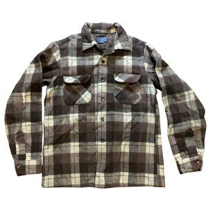 Vtg Pendleton Board Flannel Wool Plaid Loop Collar Shirt Sz L Brown Beige Surfer